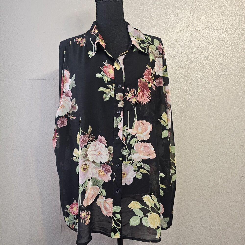 Liz Claiborne Woman 3X Black Floral Sheer Button Front Blouse Plus Sz Boho N763